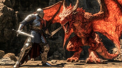 Knight confronts a fearsome red dragon in a dramatic fantasy landscape