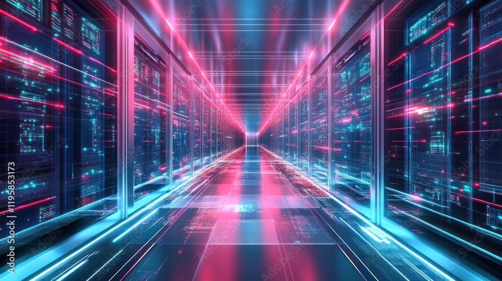 Poster Neon Lit Server Room Corridor Showing Data Streams