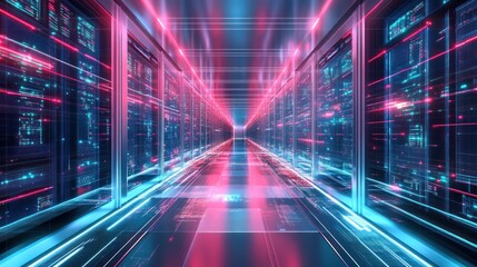 Neon Lit Server Room Corridor Showing Data Streams