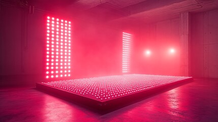 Brightly lit stage setup with vibrant lights for event in urban industrial space