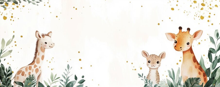 Few small light brown giraffes in the jungle with long necks, isolated on white background with a pastel soft color palette and copy space, nursery art. Baby shower banner concept.