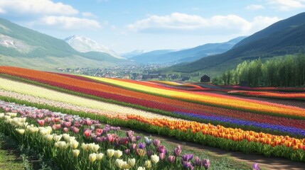 Vibrant Rainbow Tulip Fields in Mountain Valley