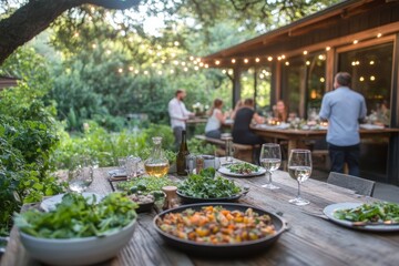 Obraz premium Friends and family gathered around a wooden table filled with fresh, seasonal dishes. Generative AI