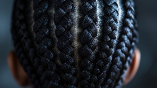 The detailed back view of a child&rsquo;s head reveals an elegant braid design on dark hair, the intricate interweaving creating a stunning visual texture.