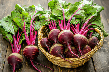 Freshly harvested beets in wicker basket