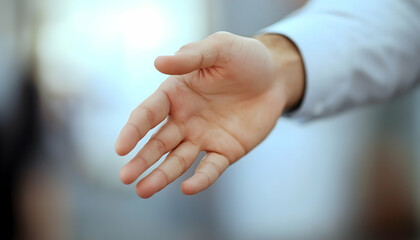 Millennial male leader stretches out his hand for a handshake welcoming a new employee, invites a newcomer to the corporate team, group showing amity, human resources,
