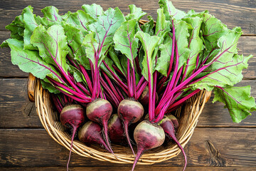 Freshly harvested beets in wicker basket