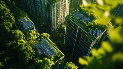 Green Buildings With Solar Panels And Lush Rooftop Gardens