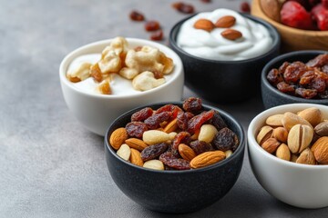 Colorful bowls filled with various nuts, dried fruits, and creamy yogurt sit on a textured gray surface. This collection offers a healthy and appealing snack option