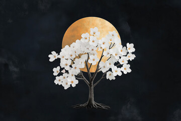 A tree with white flowers is surrounded by a gold circle