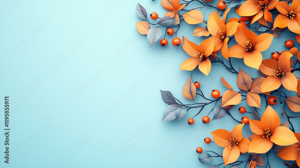 Canvas Prints Bright orange flowers and berries against a light blue background during spring