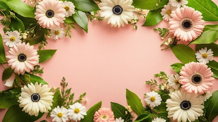 Obraz premium Colorful flowers arranged on a pink background for decoration or design inspiration