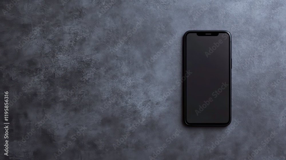 Aufkleber top view of a black smartphone with blank screen on dark gray textured background.