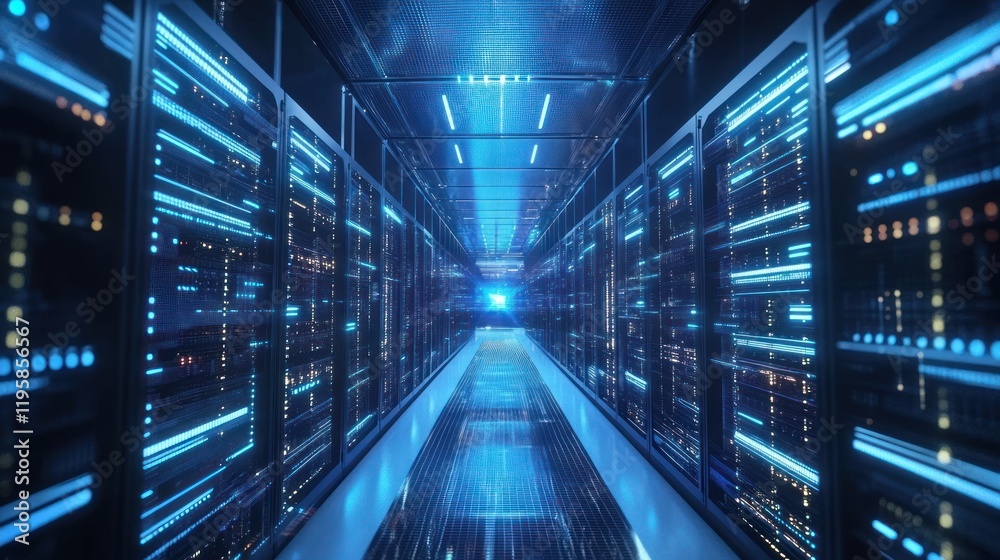 Poster Illuminated Server Room Corridor Showing Active Data Transfer
