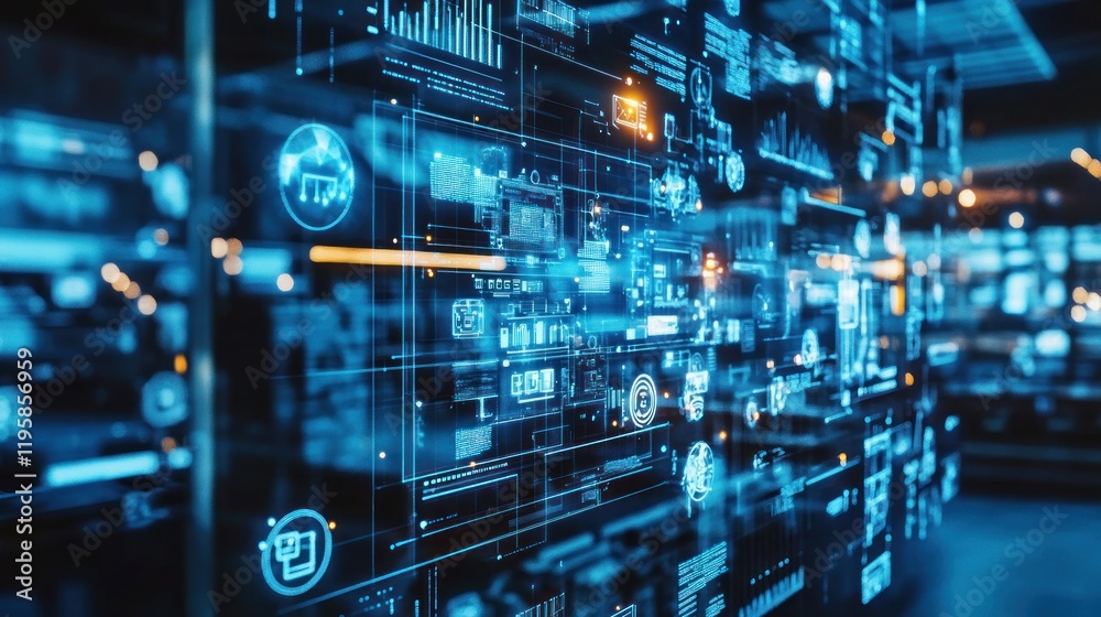 Poster Futuristic Digital Interface Showing Data Streams and Analytics