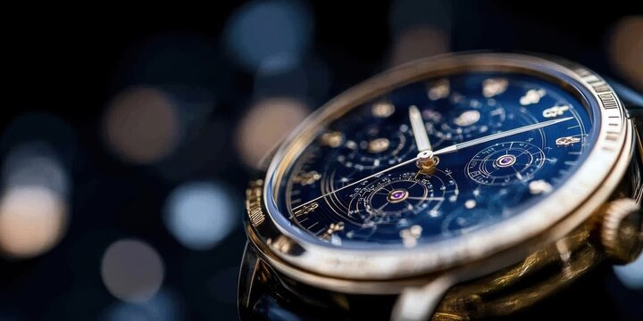 An intricately designed watch displays astrological symbols, blending timekeeping with celestial themes in a striking, elegant design.