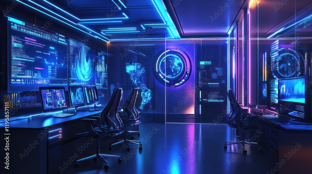 Poster futuristic cyber security command center workstation