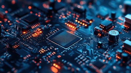 Fototapeta premium Illuminated Circuit Board Shows Complex Microchip Technology