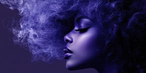 A mesmerizing profile portrait of a person with a stunning, voluminous textured hairstyle, captured in vibrant purple hues, showcasing detailed and intricate hair pattern work that conveys elegance