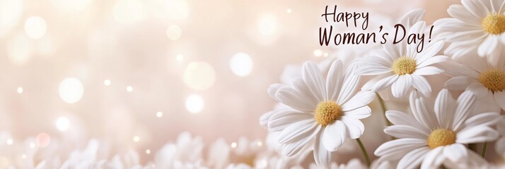 A soft, light abstract background featuring white daisies and the text 'Happy Woman's Day!' with a gentle bokeh effect