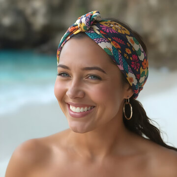 Una preciosa mujer trigue&ntilde;a con una linda sonrisa junto al mar