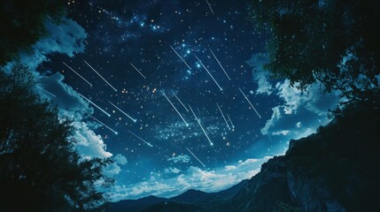 Night Sky Mountainscape Showing Numerous Shooting Stars