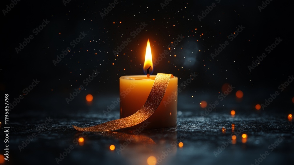 Canvas Prints A glowing candle with a shimmering ribbon, surrounded by soft light and floating particles against a dark background