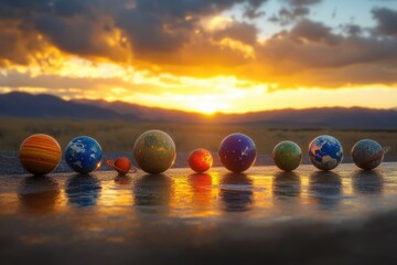 Lineup of Planet Parade at Sunset in a Dramatic Open Landscape, Showcasing Vibrant Astronomy Art and Solar System Concepts, Ideal for Science Education, Art, and Creative Visual Projects