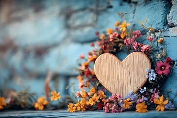 Wooden heart decorated with colorful flowers on rustic background