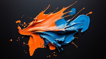 Vivid orange and blue paint splashes create dynamic abstract art on dark background