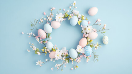 Spring wreath decorated with pastel eggs and flowers for Easter celebration