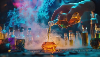 Mystic Laboratory: Colorful Alchemy Potion Experiment with Bubbling Glassware