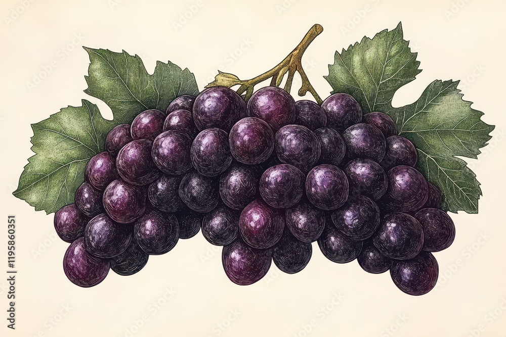 Wall mural Close-up illustration of a bunch of plump, ripe purple grapes with vibrant green leaves on a light background, showcasing intricate details and texture of the fruit and foliage, emphasizing natural