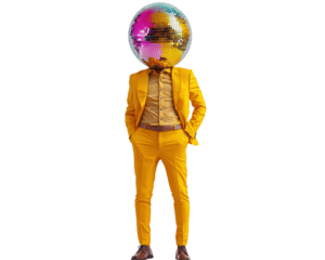 Isolated Man with Disco Ball Head in Yellow Suit