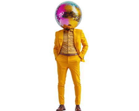 Isolated Man with Disco Ball Head in Yellow Suit