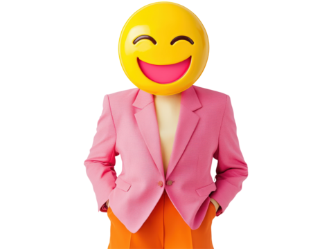 Isolated Man with Smiling Emoji Head in Pink Jacket