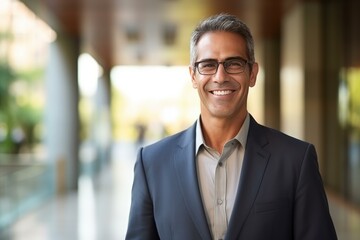 Fototapeta premium Confident businessman smiling in modern office building, representing success, leadership, and professionalism