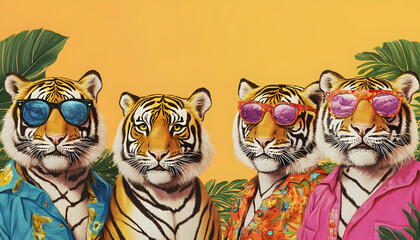 Group of tigers in funny wacky wild mismatched colorful outfits on bright background. Birthday party invite invitation banner
