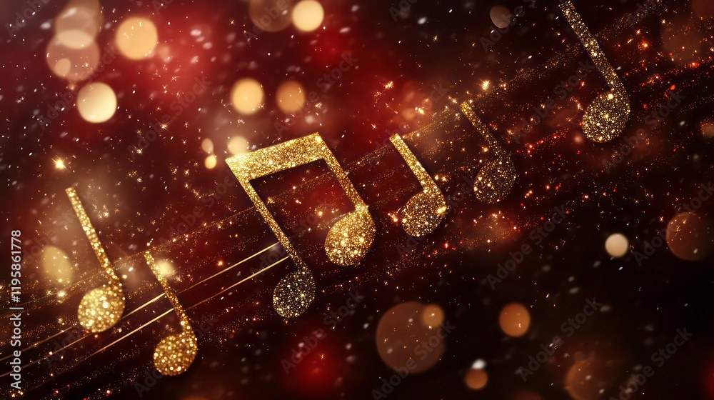 Poster Sparkling golden musical notes on a red background with bokeh lights.