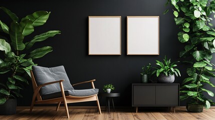 Cozy living space with indoor plants and empty frames on the wall