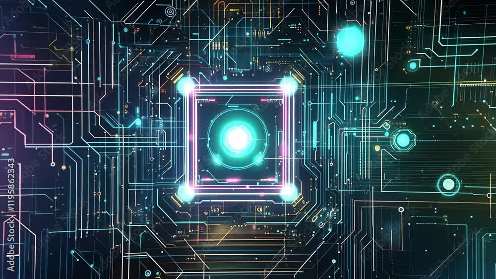 Fototapete Video with digital abstract background with glowing blue and purple connections forms the shape of an AI brain on a dark gradient, ideal for tech presentations and social network banners.