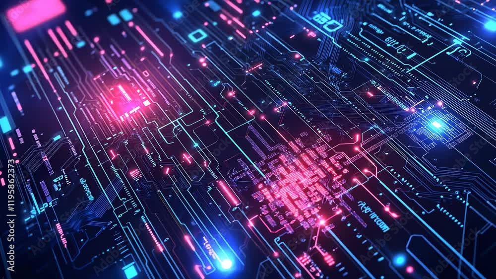 Poster Video with digital abstract background with glowing blue and purple connections forms the shape of an AI brain on a dark gradient, ideal for tech presentations and social network banners.