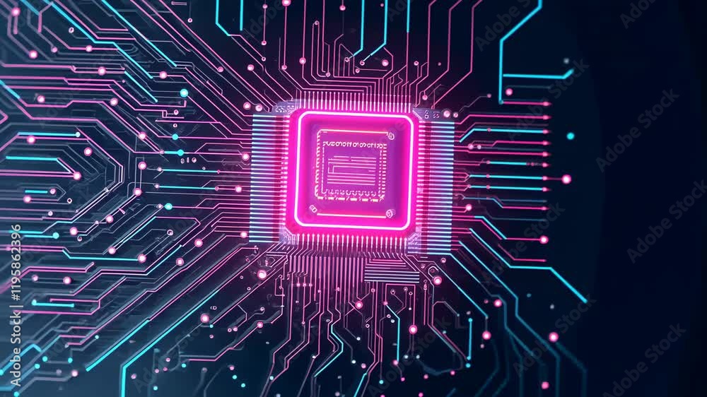 Poster Video with digital abstract background with glowing blue and purple connections forms the shape of an AI brain on a dark gradient, ideal for tech presentations and social network banners.