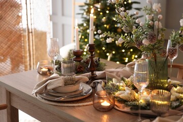 Christmas place setting with festive decor on wooden table in room