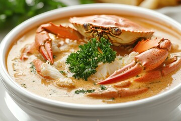 Savoring a bowl of delicious crab soup topped with fresh herbs and juicy crab meat in a cozy dining setting