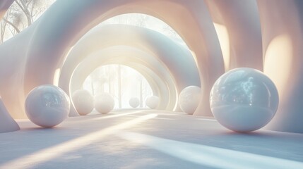 Abstract white installation with a sphere rolling on curved lane with soft shadows, 3d rendering illustration