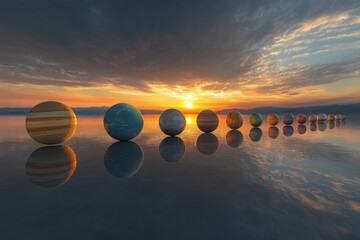Stunning Sunset Reflection of Planet Parade on a Water Surface, Capturing Astronomy and Space Art in a Dramatic and Vibrant Scene, Perfect for Science Education, Art Projects, and Visual Concepts