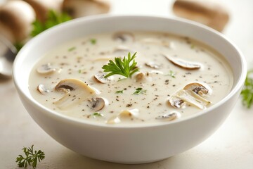 Creamy mushroom soup garnished with fresh herbs showcases comfort food perfection