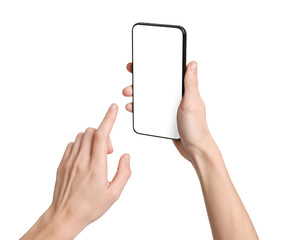 Woman with modern smartphone on white background, closeup