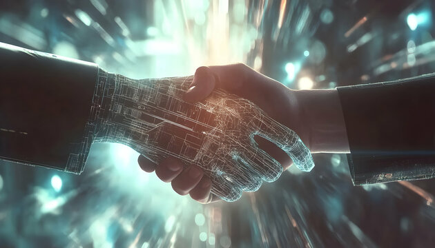 Handshake in digital futuristic style. The concept of partnership - Powered by Adobe
